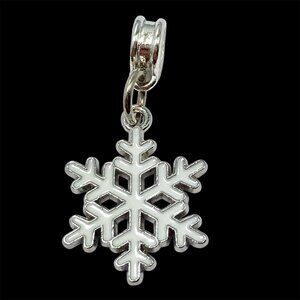 Silver Snowflake European Bead Slider Charm White Enamel Plated Pendant Necklace